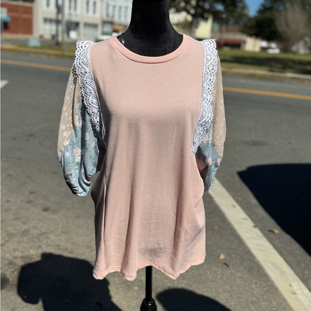 Pink Lace Sleeve Women's Top
